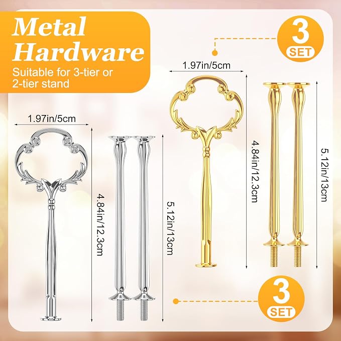 Patelai 6 Sets 3 Tier Cake Stand Hardware Tiered Tray Plate Hardware Kit Metal Cake Fruit Food Plate Stand Fitting Stacking Kit for Serving Dessert Cupcake Dish (Sun Flower,Gold,Silver)