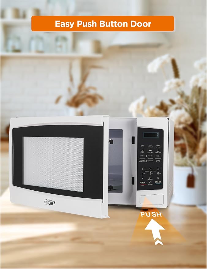 Commercial Chef 1.1 Cu. Ft. Countertop Microwave Oven, Touch Controls with Digital LED Display, 1000W Small Microwave with 12.4” Turntable Plate, Push Button Door, 10 Power Levels, CHM11MW, White