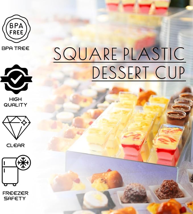 Jnnzzggu 100Pcs 3.5 oz Mini Dessert Cup with Spoons,Square Plastic Dessert Cups,Clear Parfait Appetizer Cup for Ice Cream,Birthday,Parties,Jellies,Nuts,DIY,Wedding