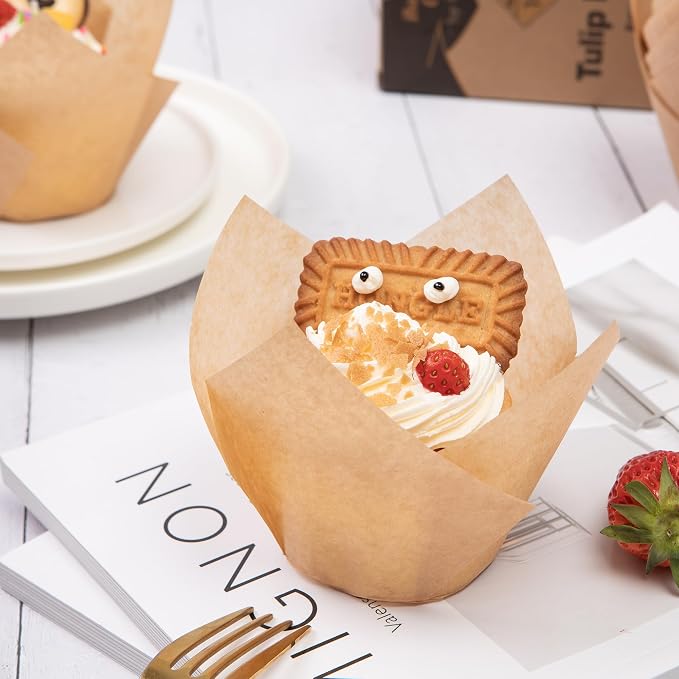 Bake Choice Nordic Paper 100pcs Extra Large Size Natural Tulip Cupcake Liners for Baking, Jumbo Muffin Liners, Cupcake Wrapper for Party, Christmas