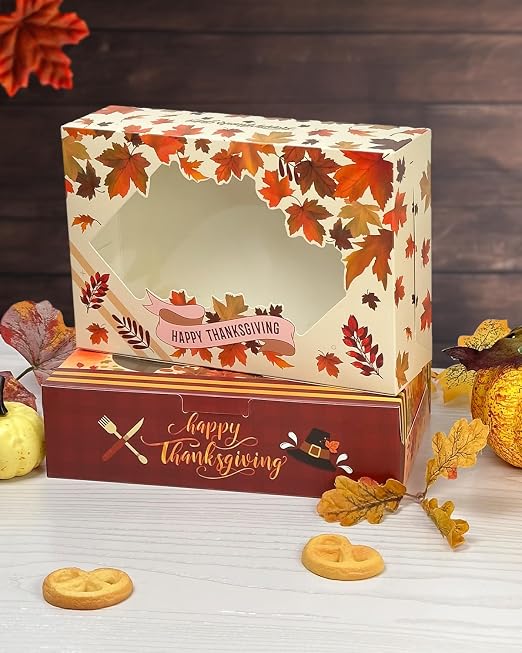 qiqee Thanksgiving Cookie Box with Window 9x6x2.5 inch 15Pcs Pastry Macaron Thanksgiving Leaves Bakery Box For Thanksgiving Day