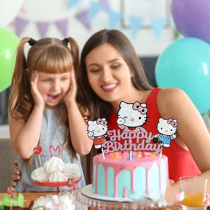 Birthday Cake Decorations, Cute Pink Glitter Happy Birthday Cake Toppers, Cartoon Party Supplies