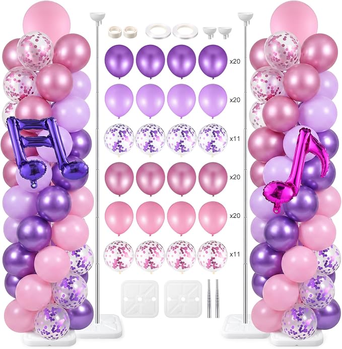 Skylety 2 Sets Kpop Music Balloon Column Stand Kit Adjustable Music Purple Pink Balloon Stand with Bases for Birthday Wedding Graduation Party Baby Shower Decorations Supplies