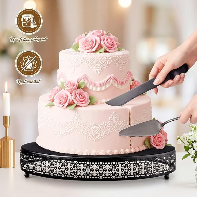 Wenqik Black Cake Stand 20 Inch Metal Round Cupcake Dessert Wedding Cake Stand with Cutting & Spatula Cookies Display Holder Fruit Serving Tray for Table Wedding Birthday Anniversary Party