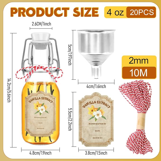 20 Pack Swing Top Glass Vanilla Extract Bottles 4 oz with Lids, Funnel and Vanilla Extract Labels, Boston Vanilla Bottles for Syrup Gift, Flip Top Glass Jars