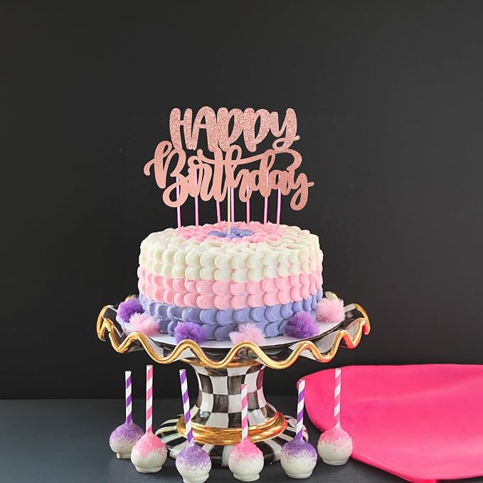 Gyufise 1Pcs Happy Birthday Cake Topper Glitter Cake Pick for Celebrating Anniversary Theme Party Cake Decorations Supplies Rose Gold