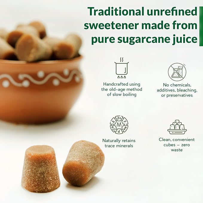 Danodia Foods Organic Jaggery Cubes, Cane Gur Sweetener, 2 lb Pack | Traditional sugarcane gur cubes for tea, coffee, cooking, baking, desserts and Indian pantry recipes; Indian pantry sweetener
