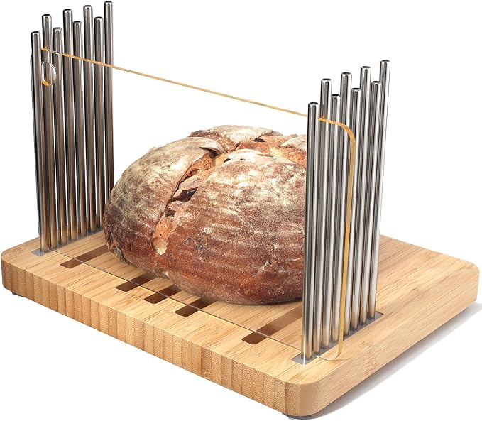 Bamboo Bread Slicer for Homemade Bread,Stainless Steel Slicing Guide for Bread, Adjustable Width, Foldable and Compact Cutting Guide, Bread Slicer for Sourdough Rounds, Bagels, Cake,Toast