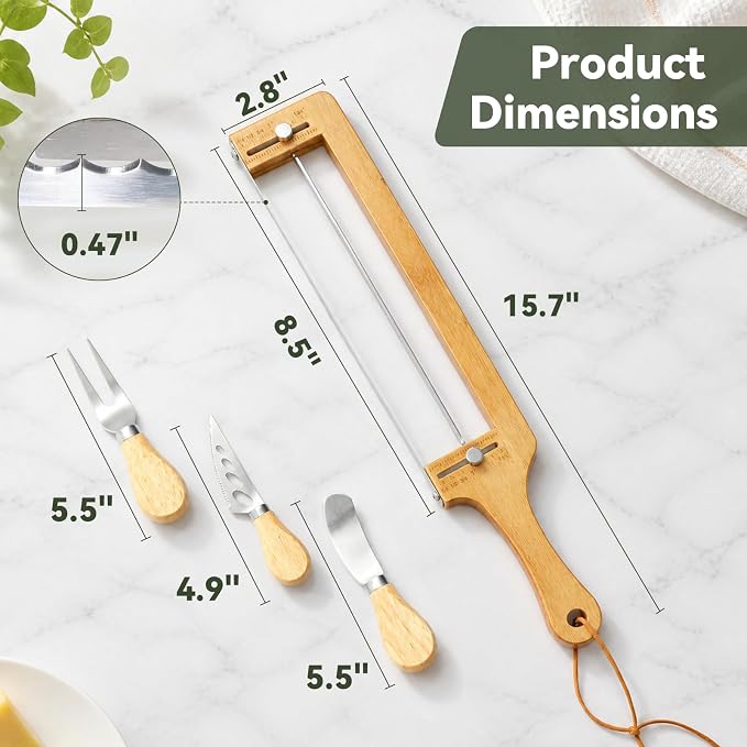 Adjustable Bread Knife with 3 Cheese Knives & Butter Knives, Adjustable Bread Slicer for Homemade & Sourdough Bread, Sandwich Bread Slicer with Thickness Guide, Serrated Bread Bow Knife