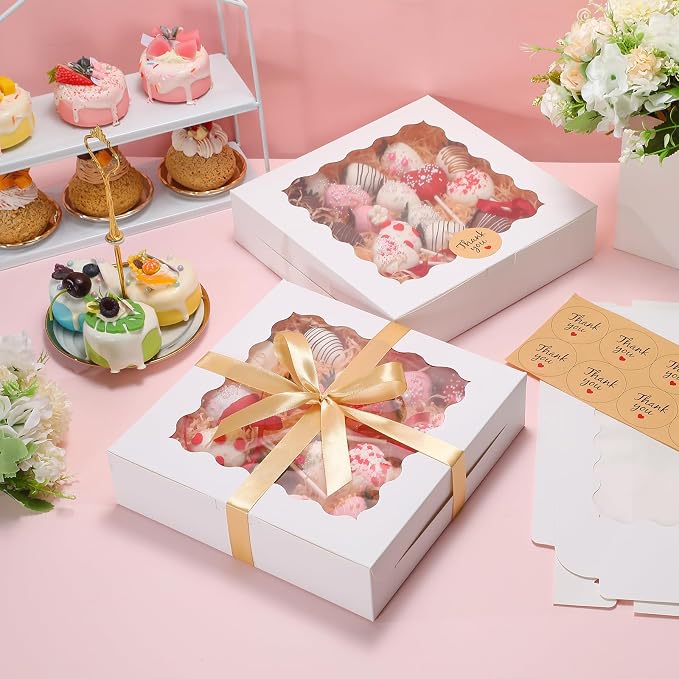 36 Pack Pie Boxes with Ribbon and Sticks, 10x10x2.5 Inches Cookie Boxes with Window for Cake, Treats, Pastries, Chocolate Covered Strawberries