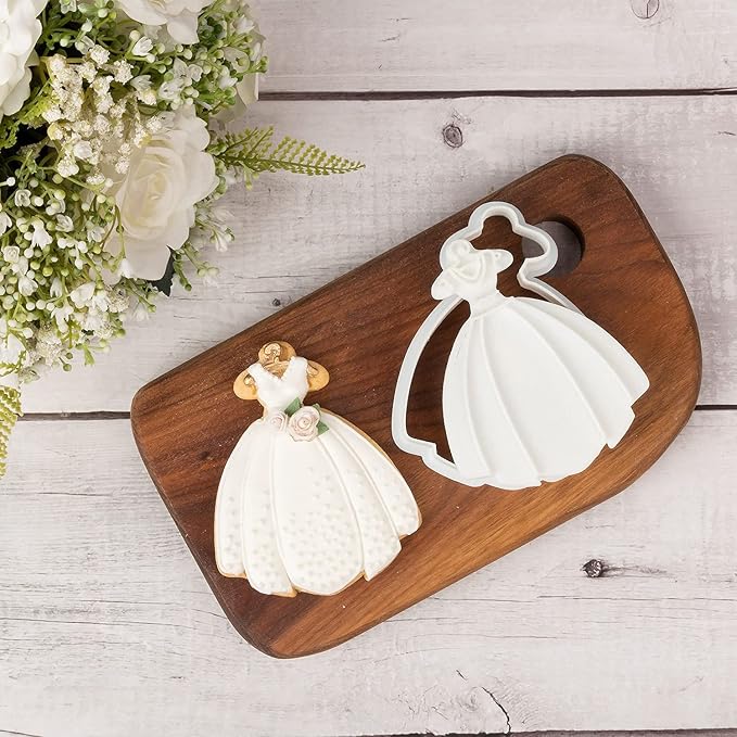 Wedding Dress Cookie Cutter with Plunger Stamps Bridesmaid Bridal Shower Holiday PLA Baking Accessories 3" Cutter Molds for Kids Decorative Party Kitchen