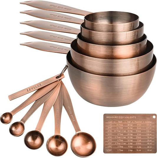 Measuring Cups and Spoons Set, 12 Pieces Stainless Steel Measuring Cup Set, Metal Copper Measuring Cups Spoons, Dry & Liquid Kitchen Measure Cup Spoon & Leveler & Measure Equivalents