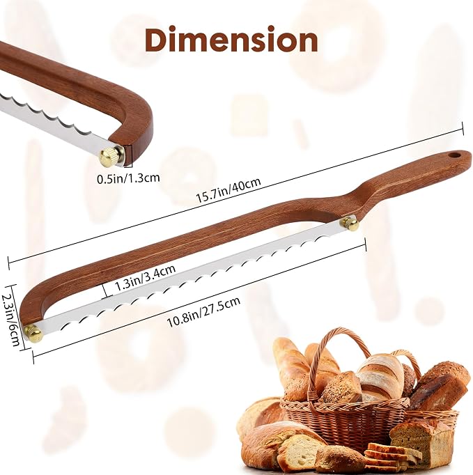 Bread Slicer for Homemade Bread - Wooden Sourdough Bread Knife with Bow Design - Premium Stainless Steel Serrated Saw Bread Cutter for Bagels, Baguettes Vegetables, Sandwich, Fruits with 2 Blades