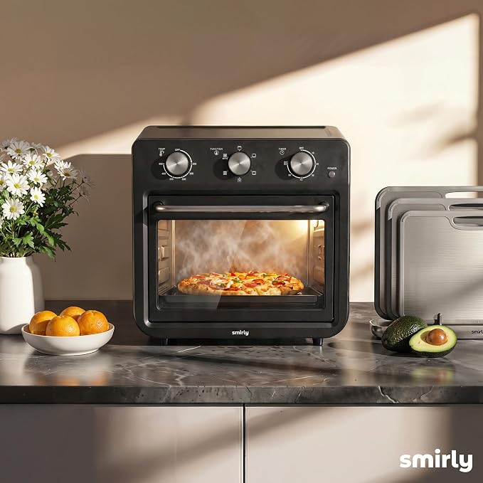 SMIRLY 6-in-1 Air Fryer Toaster Oven Combo, 27QT Convection Oven Countertop, 1800W Oven for Toast, Roast, Bake, Reheat, Broil, Warm, Fits up to a 4 lb Turkey, 12" Pizza, 6 Toast, Black