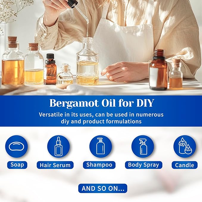HIQILI Bergamot Essential Oil for Diffuser, Skin, Hair, DIY, 1.01 Fl Oz (30 mL)