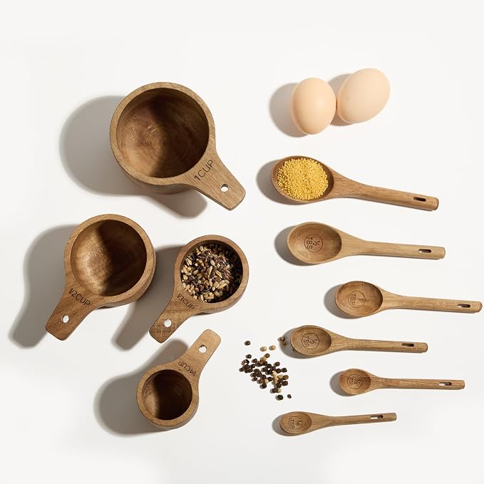 10-Piece Measuring Cups and Measuring Spoons Set, Handcrafted Acacia Wooden Measuring Cups with Tablespoon Teaspoon Measuring Spoons for Dry Ingredients, Natural Wood Rustic Kitchen Accessories