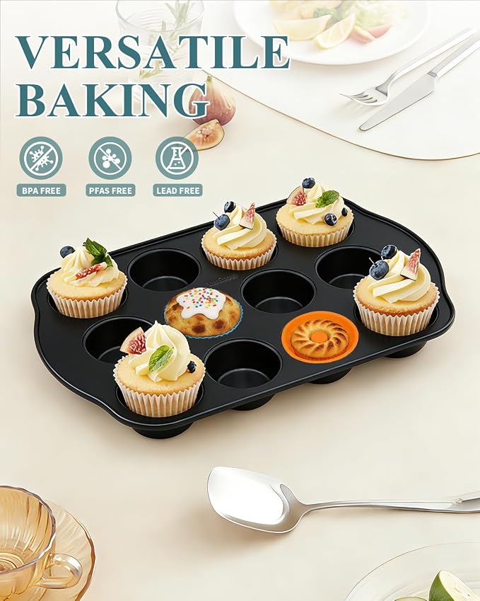 Nonstick Muffin Pan with 12 Silicone Baking Cups, Carbon Steel Muffin Tin for Muffins, Cupcakes, Egg Bites and more, Non Toxic, Easy to Clean, Dishwasher Safe, Foggy Gray