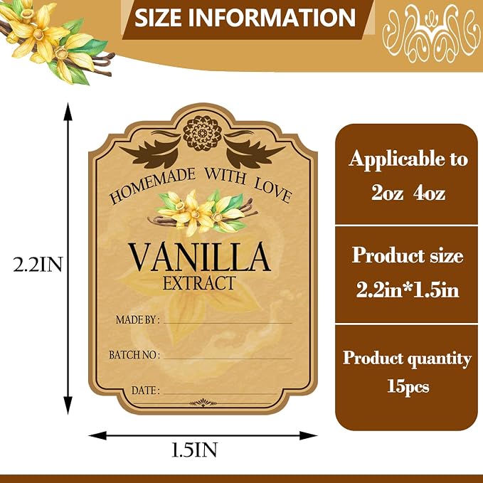 15PCS Vanilla Extract Labels, Holiday Gift Stickers Homemade Vanilla Stickers, Vintage Vanilla Extract Labels for 2 oz,4 oz Bottles (2.2inch X 1.5inch)