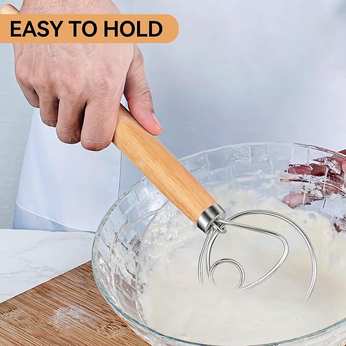 TEEVEA Danish Dough Whisk 13 Inch | Material: food grade stainless steel wooden handle; Use: mix sourdough bread dough; Feature: rust proof; Scene: home baking