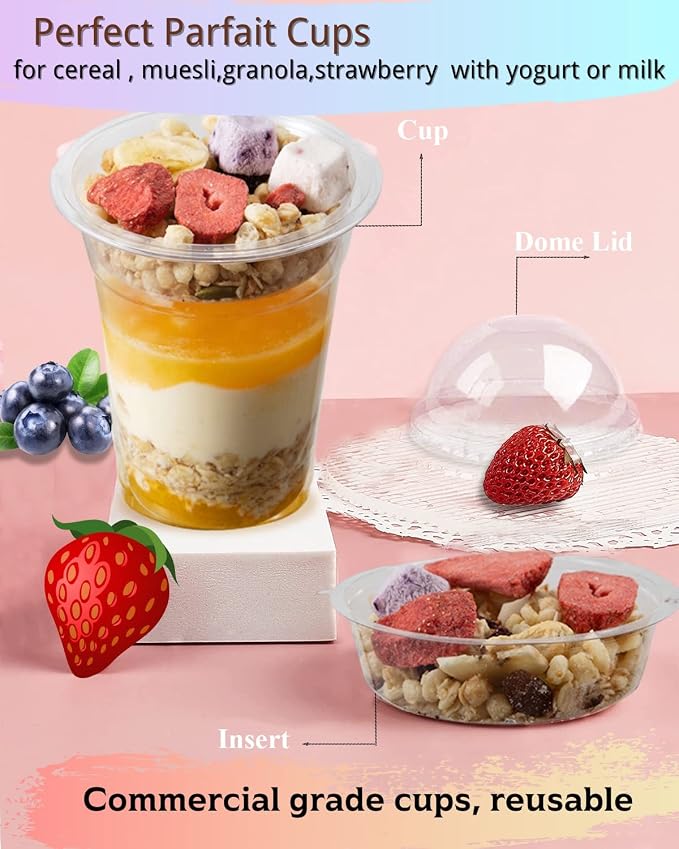 50 Sets 12 oz Clear Plastic Cups with Insert & Dome Lids(NO HOLE) - Disposable Parfait Cups with Lids for Fruit Yogurt Smoothie Iced Cold Drinks Dips and Veggies, No Leaking