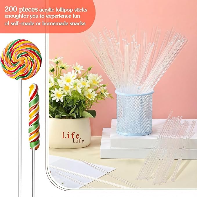 Zopeal 200 Pcs Acrylic Lollipop Sticks Clear Cake Pops Rods Cake Topper Candy Cupcake Treat Stick for Wedding Chocolate Cookie Dessert Handmade DIY Crafts Party Decor Gardening(10 x 0.16 Inches,Clear)