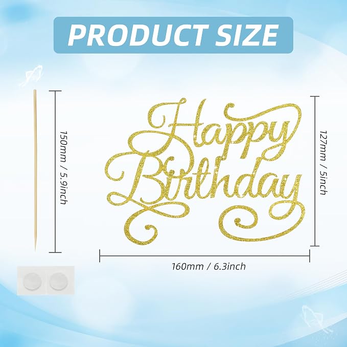 BEISHIDA Happy Birthday Cake Topper Gold Glitter Happy Birthday Cake Bunting Decoration Birthday Party Cake Decoration Supplies, for Photo Booth Props