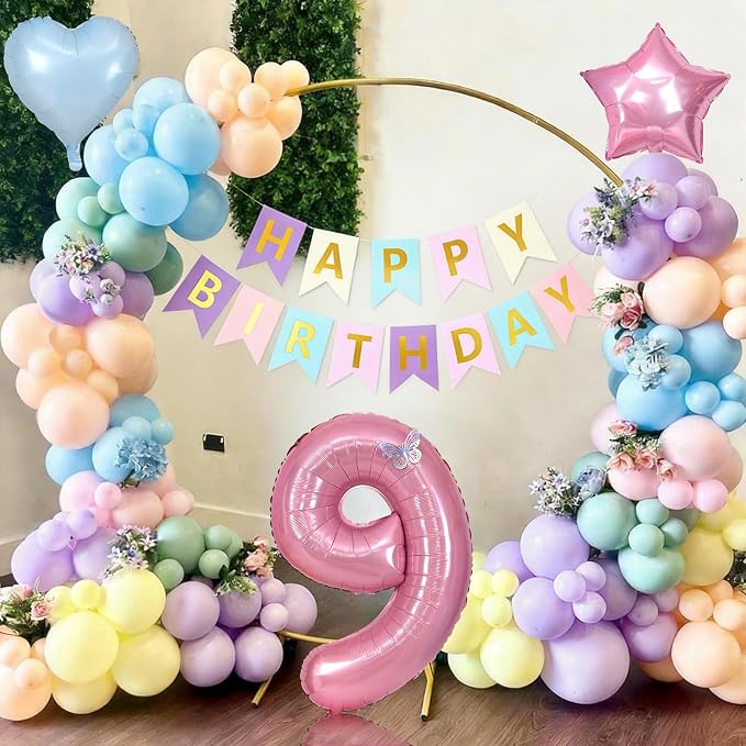 Pastel 9th Birthday Decorations for Girl,Macaron Rainbow 9th Party Decoration Colorful Balloons Banner Star Heart Number 9 Foil Balloon Cake Topper Butterfly Party Decorations