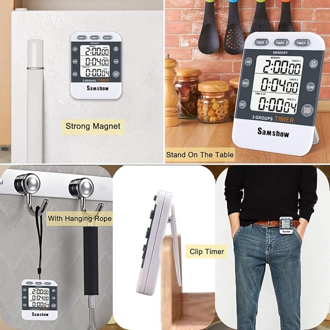 Digital Kitchen Timer Dual Timers 3 Channels Count UP/Down Cooking Timer Large Display, Adjustable Volume Alarm with Magnetic Back, Stand, Battery Included