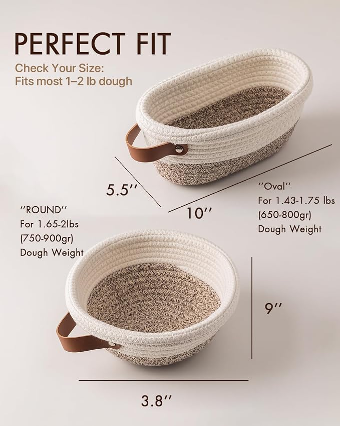 Crispier Crust Cotton Rope Banneton Bread Proofing Basket Set, Oval & Round Bread Baskets with Liners & Covers for Artisan Bread Baking, Sourdough Bread Baking Supplies(White-Mixed Brown)