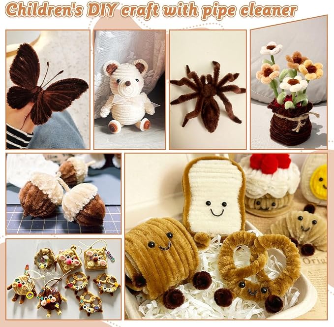 AHAMETON 620Pcs Brown Pipe Cleaner Flower Kit, 6 Colors Bulk Pipe Cleaners Craft Supplies with Wires, Stamens, Ribbon, Tapes, Card, DIY Flower Making for Gifts Party Home Decoration, School Crafts