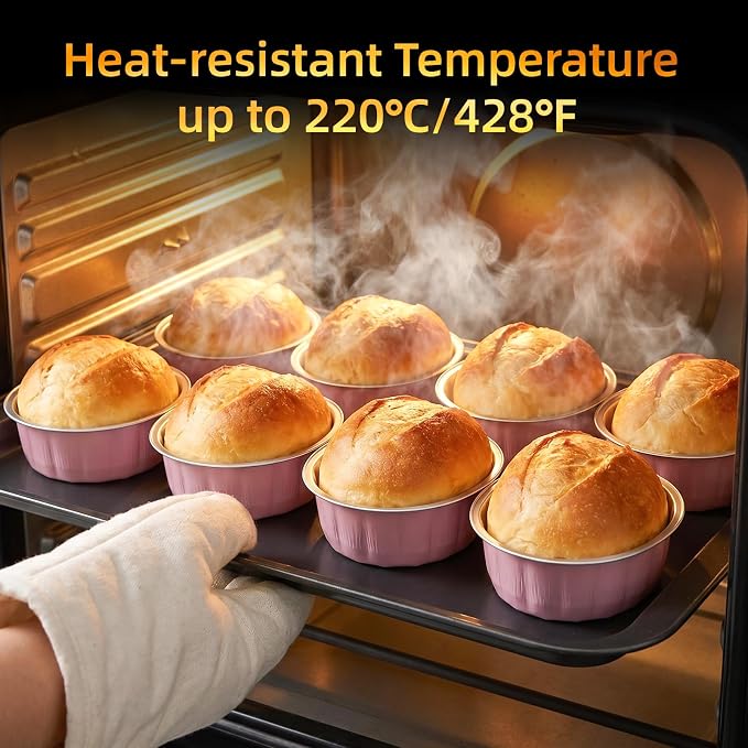 Beasea 8oz Disposable Ramekins with Lids, 120 Pack 235ml Aluminum Foil Baking Cups, Round Muffin Mini Creme Brulee Cups Tins Individual Cupcake Containers for Party Wedding - Pastel Pink