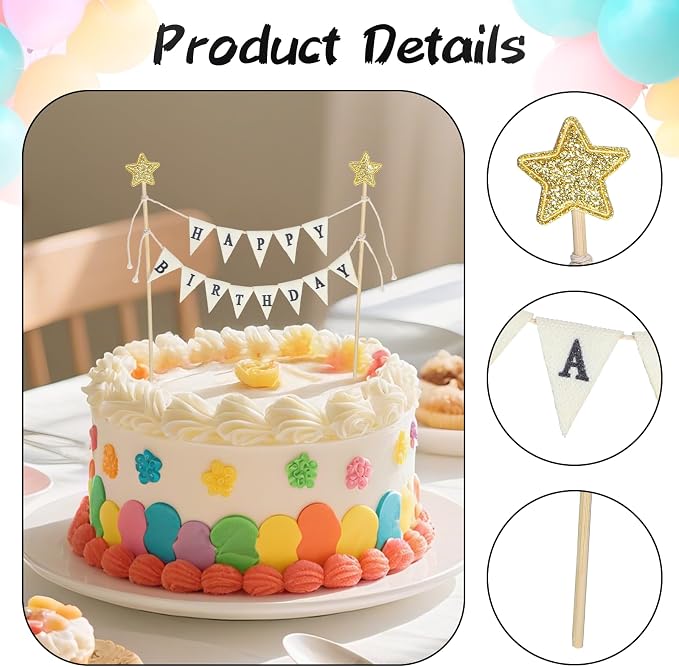 Happy Birthday Flag Banner Cake Topper, Handmade Pennant & Star Garland Birthday Cake Flag Decoration Happy Birth Day Sign & Garland for Party Supplies