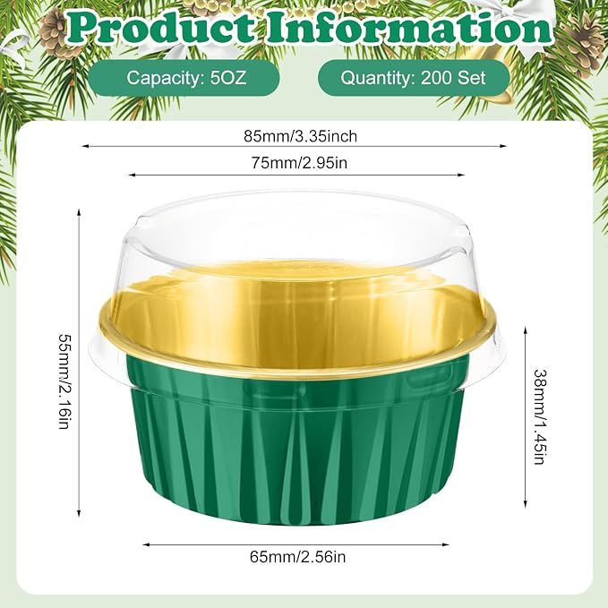 200 Pack Aluminum Foil Cupcake Liners with Lids, 5 oz Round Baking Cup, Disposable Ramekin Container for Graduation Wedding Independence Day Party(Dark Green,Plain)