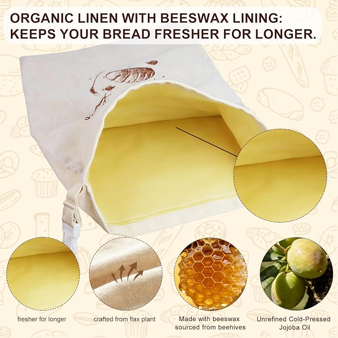 Reusable Beeswax Bread Bags 2 Pack by WSDKNS, for Sourdough & Homemade Bread, Large 17x13 Inch Linen Bag with Beeswax Lining to Keep Food Fresh | Freezer-Friendly & Stylish Design
