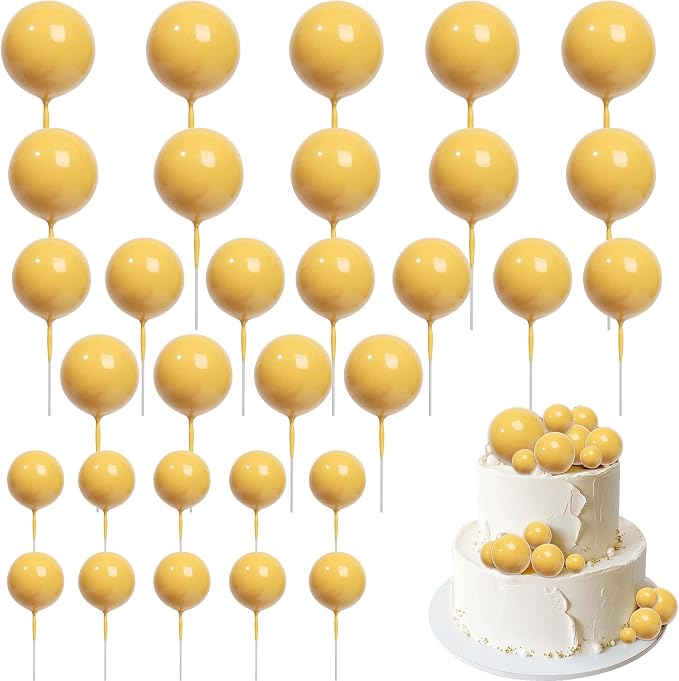 24 PCS Ball Cake Toppers Balls Cupcake Toppers Insert Foam Ball Shaped Cake Picks Mini Balloon Cake Decoration for Wedding Anniversary Baby Shower Birthday Party Cake Decorations Supplies Yellow