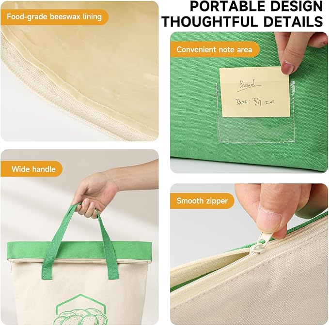Beeswax Bread Bag 14"x17" Sourdough Bread Storage, Reusable Linen Bags with Wide Zipper & Double-Sided Print, Freezer Safe for Homemade Artisan Loaves