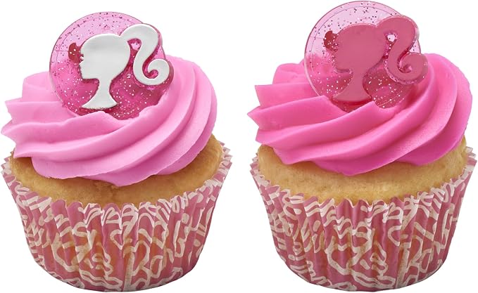 DecoPac Barbie Rings, 24 Barbie Silhouette Cupcake Decorations, Pink Glitter Cake Toppers For Birthday, Parties, Celebrations - 24 Pack