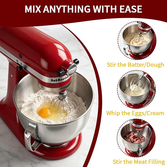 5QT Mixing Bowl for KitchenAid Stand Mixers, Compatible with Kitchen Aid 4.5-5 Qt Tilt-Head Stand Mixer, Food-Grade Stainless Steel Mixing Bowl with Handle & Clasp for Baking, Cooking & Dough Mixing