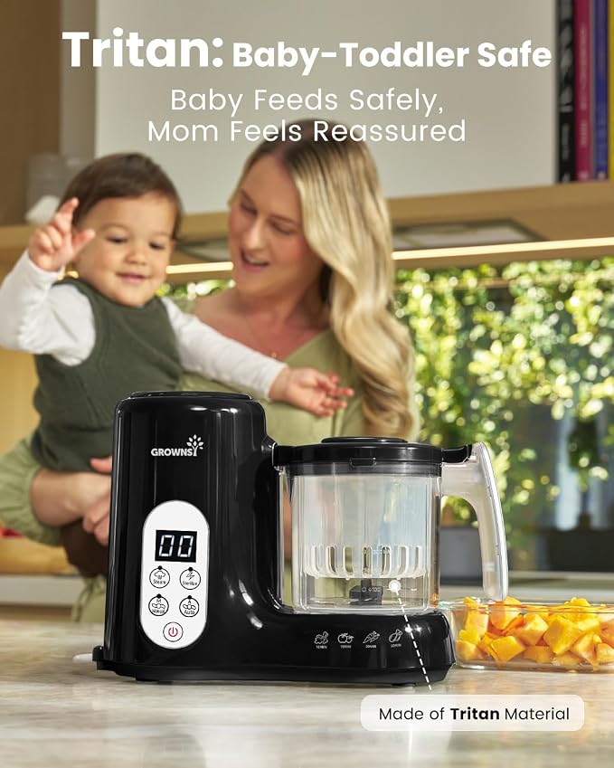 Grownsy Baby Food Maker with Steam Basket, One Step Baby Food Processor Steamer Puree Blender Grinder Mills Machine, Auto Cooking Grinding and Sterili-zing for Healthy Homemade Baby Food, Black