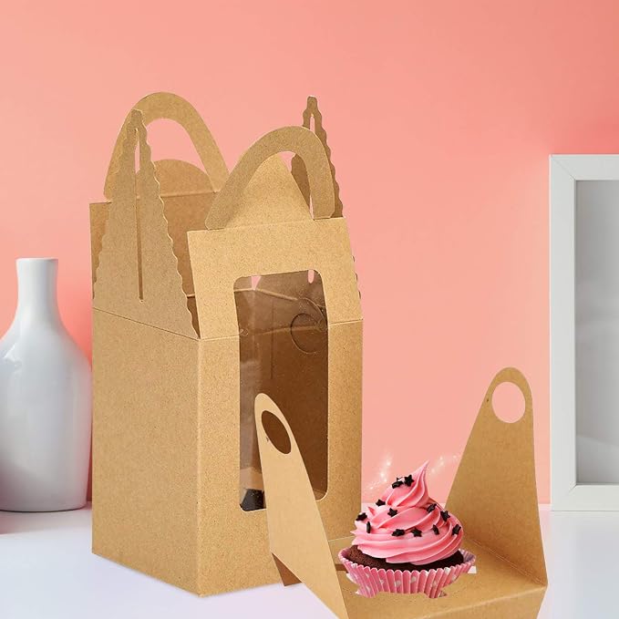 Cupcake Boxes, 30 Pcs Single Cupcake Boxes Individual Cupcake Containers Muffins Cupcake Carriers Holder Kraft Pastry Containers with Insert Window & Handle for Wedding Birthday Parties (Brown)