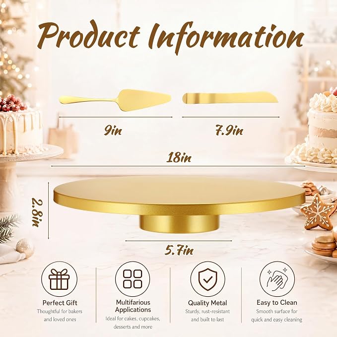Wenqik 18 Inch Metal Cake Stand with Cake Knife and Spatula, Round Dessert Table Display Stand Metal Dessert Tray Serving Platter for Party, Wedding, Birthday, Baby Shower, Anniversary(Gold)
