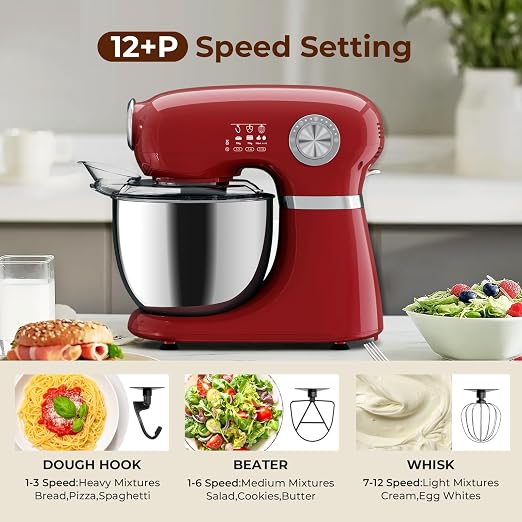 Electactic Stand Mixer With 12 Speed,5.3 Quart Electric Mixer With Tilt Head, Kitchen Mixer for Daily Use with Egg Whisk,Dough Hook,Flat Beater, RED