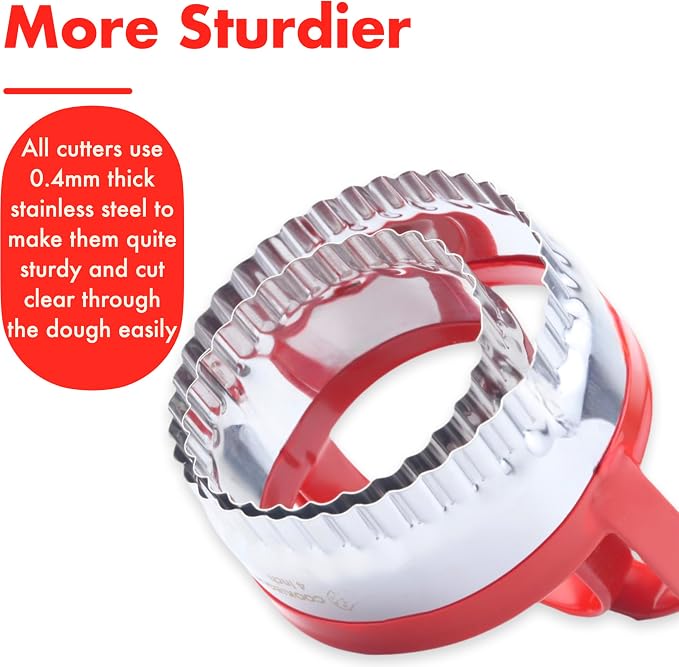 2 Pcs Fluted Round Cookie Cutters with Handle 2.5" 3.5", Scalloped Biscuit Cookie Cutter Set with Comfortable Red Silicone Handles, Durable Stainless Steel, 2-Inch Deep Cutters