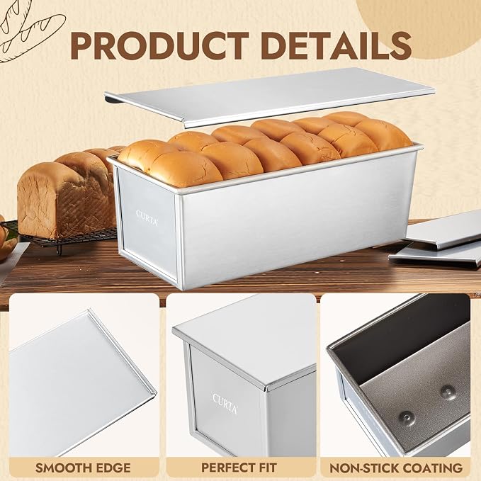 CURTA 1 Pack Pullman Loaf Pan with Lid, 2.2 lb 13x5 Inch Nonstick Aluminum Alloy Pullman Loaf pan, Bread Loaf pan with Lid for Homemade Sandwich Bread