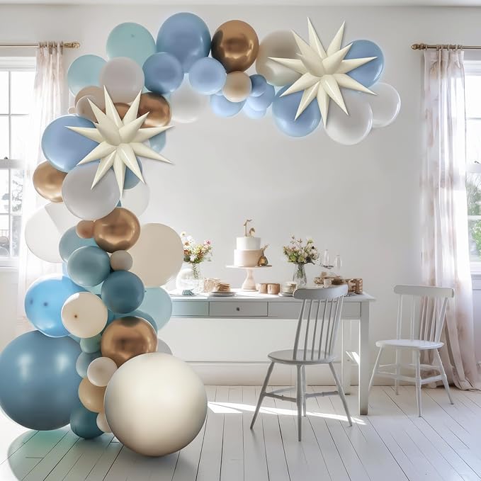 Dusty Blue and Gold Balloons Arch Kit with Beige Star Balloon, Baby Shower Balloons Garland Slate Blue Cream White Champagne Gold Balloons for Boho Boy Birthday Party Wedding Bridal Shower Decorations