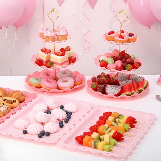 FoldTier 6 Pack Cupcake Stand Set 3 Pcs 3 Tier Gradient Dessert Table Display Stands Cookie Tray Rack 3 X14 in Rectangle Party Trays for Wedding Birthday Tea Party Baby Shower (Pink,Round)