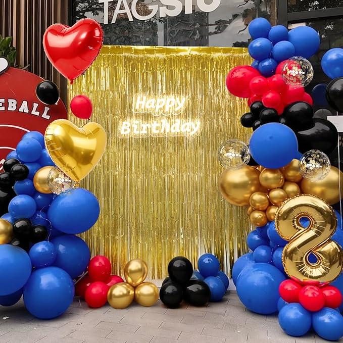 157Pcs Red Black Gold Blue Balloons Garland Arch Kit with Gold Fringe Curtain Backdrop for Birthday Baby Shower Party Decorations