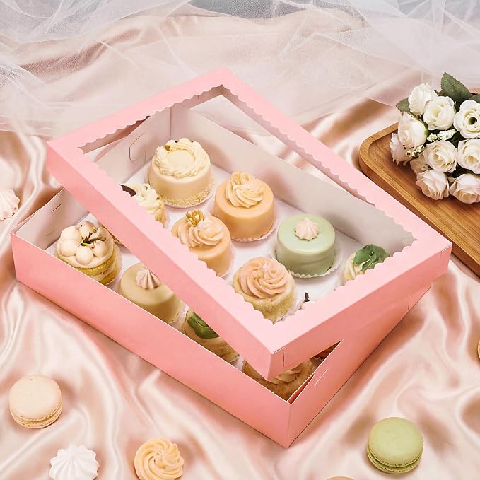 Sinload 10 Pcs 19x14x4 Inch Half Sheet Cake Boxes 5pcs Large Rectangle Bakery Boxes with 5pcs Cake Boards for Pastry Baking, Cupcakes, Donuts, Cookies, Pie Treat Packaging (Pink)