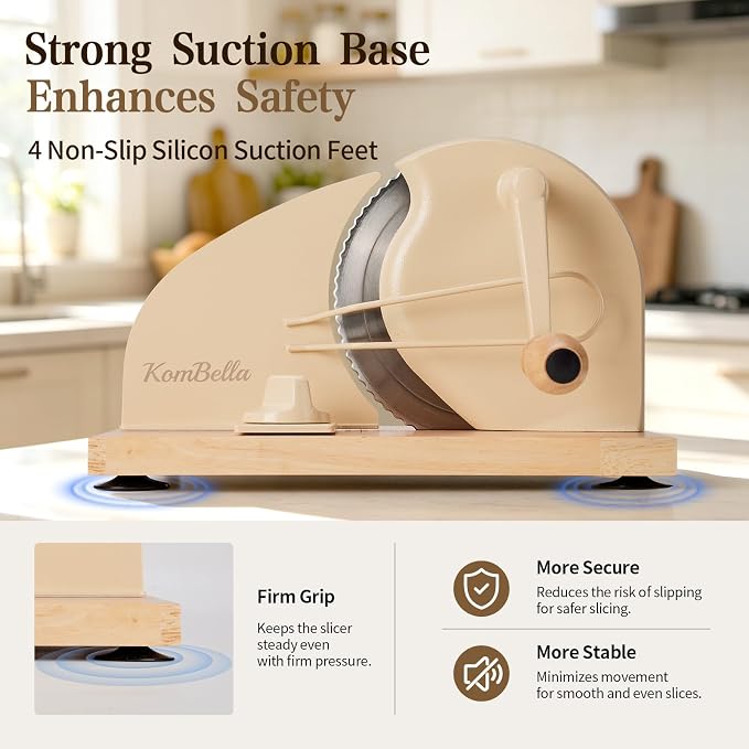 Sourdough Bread Slicer for Homemade Bread, Manual Hand Crank Bread Cutter with Adjustable Thickness for Even Slices, Slicing Guide & Protective Blade Shield, Wood Base with Suction Cups(Beige)