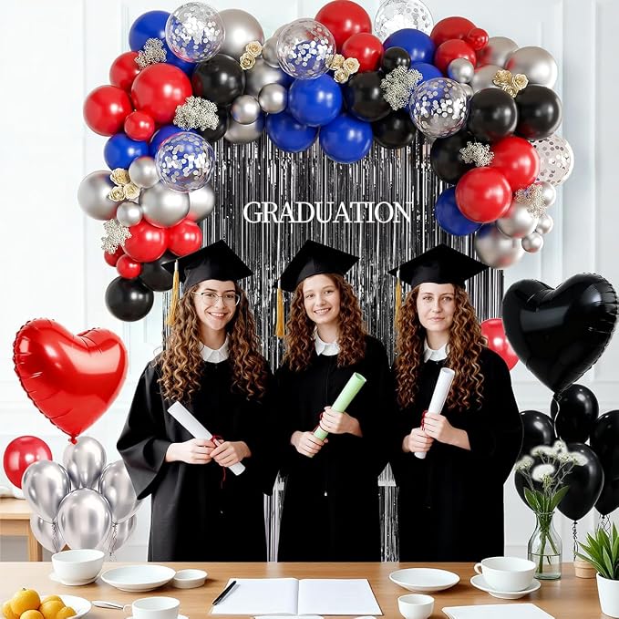 157Pcs Red Black Silver Blue Balloons Garland Arch Kit with Black Fringe Curtain Backdrop for Birthday Graduation New Year's Eve Baby Shower Party Decorations